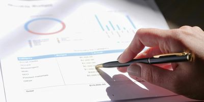 Hand with pen marking up printed business expense sheets